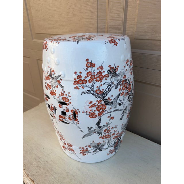 Chinoiserie Late 20th Century Chinoiserie Cherry Blossom Orange and Black Porcelain Garden Stool or Side Table For Sale - Image 3 of 8