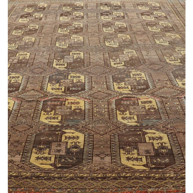 Early 20th Century Large Turkomen Ersari Rug With All-Over Bokhara Design in Brown, Coffee & Yellow 11'3 X 14'11 For Sale - Image 5 of 17
