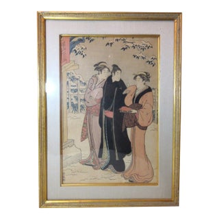 Antique Torii Kiyonaga Japanese Woodblock Edo Print Matsuchiyama Snowfall Figure For Sale