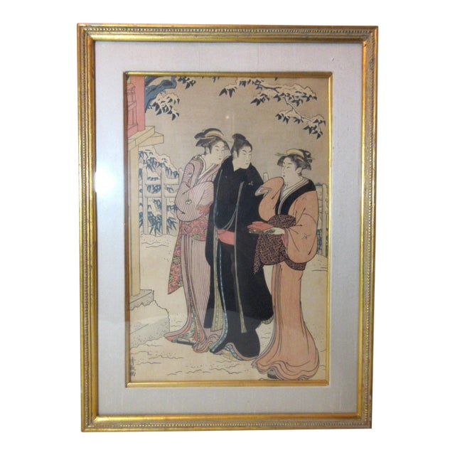 Antique Torii Kiyonaga Japanese Woodblock Edo Print Matsuchiyama Snowfall Figure For Sale
