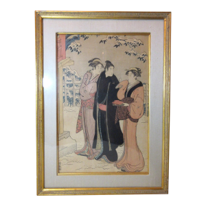 Antique Torii Kiyonaga Japanese Woodblock Edo Print Matsuchiyama Snowfall Figure