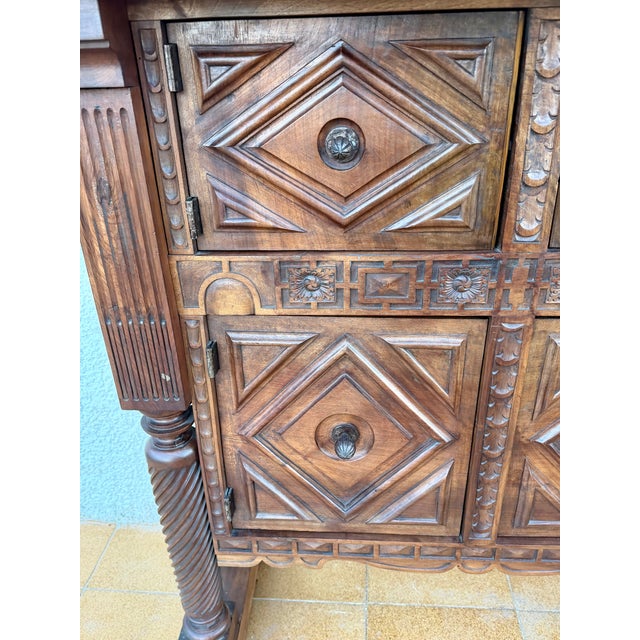 Early 20th Century Rare Spanish Carved Walnut Sideboard With Geometric Panels and Spiral Columns For Sale - Image 13 of 15
