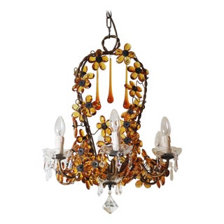 Flower Basket Chandelier with Amber Color Crystals, 1950s For Sale