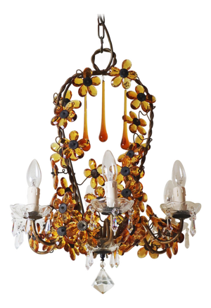 Flower Basket Chandelier with Amber Color Crystals, 1950s