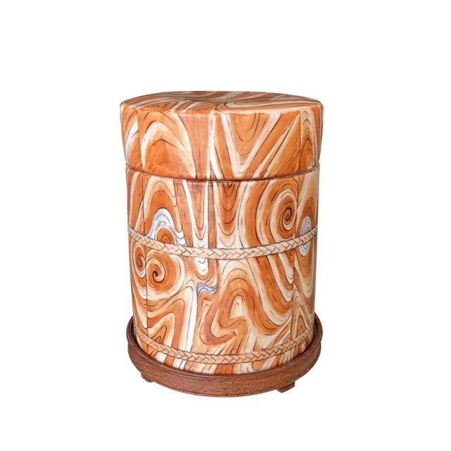 Rare Chinese ceramic canister painted with a stylized faux bois pattern of wood planks tied with braided cord.. Canister...