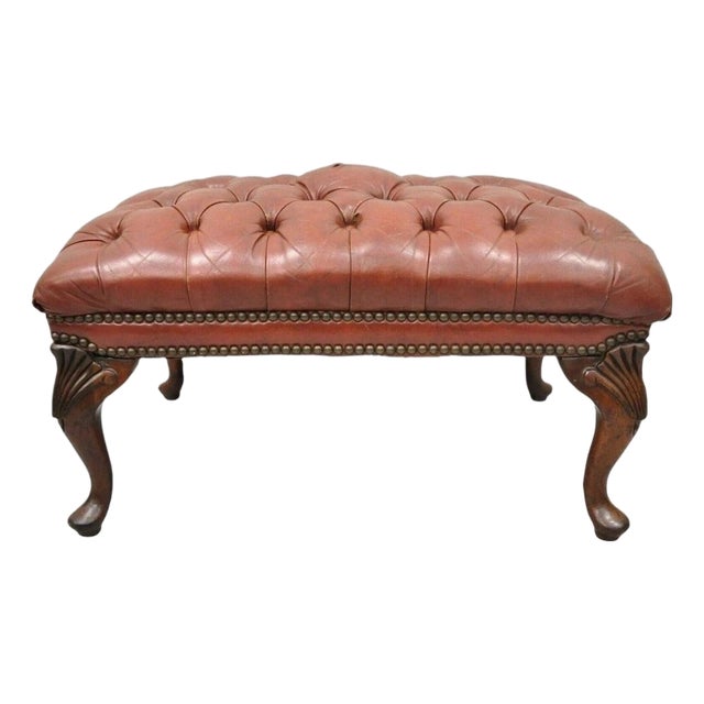 Vintage English Chesterfield Queen Anne Brown Leather Tufted Ottoman Footstool For Sale