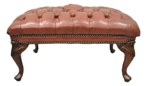 Vintage English Chesterfield Queen Anne Brown Leather Tufted Ottoman Footstool
