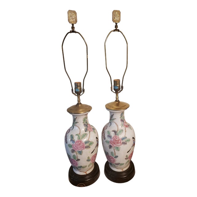 Antique 1920s Jar Style Asian Enameled Porcelain Lamps - a Pair For Sale