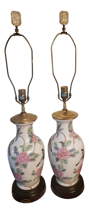 Antique 1920s Jar Style Asian Enameled Porcelain Lamps - a Pair