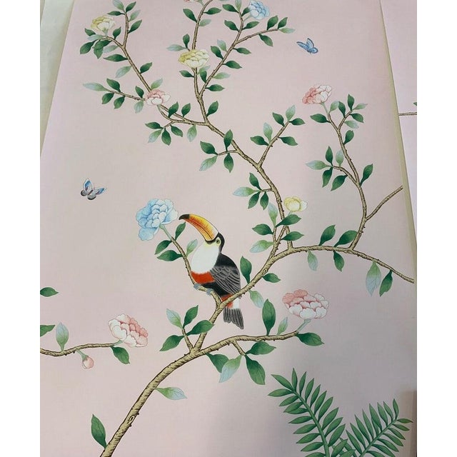 Art Deco 28"*40", a Set of 3 Panels Hand-Painted Pink Chinoiserie Wallpaper, Set of 3 Panels No Frame For Sale - Image 3 of 7