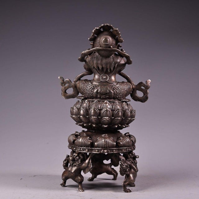 Asian Late 19th Century Silver-Plated Bronze Censer With Vajra Deity, 900g, 7" Tall For Sale - Image 3 of 8