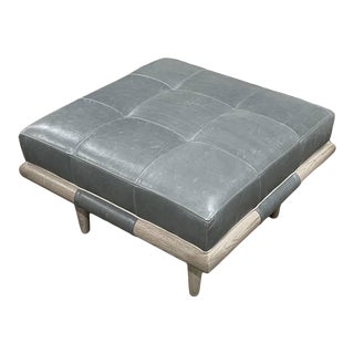 Vanguard Thomas Filicia Distressed Slate Leather & Wood Chatsfield Square Ottoman For Sale