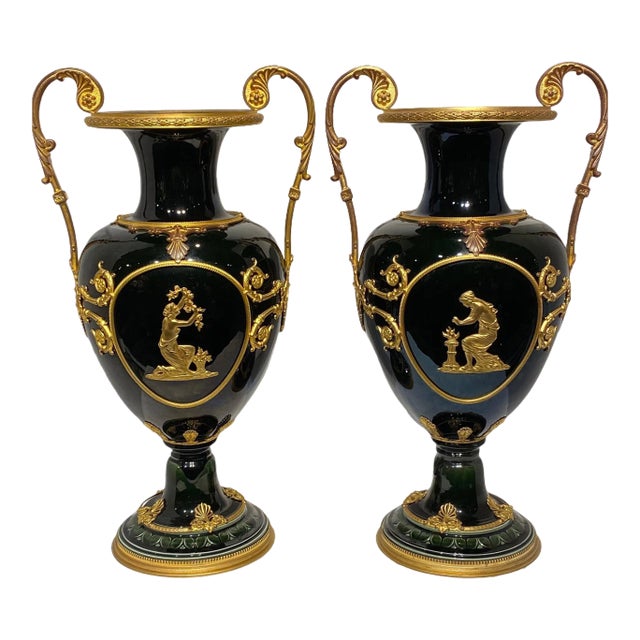 Iridescent Glazed Faience Vases with Neoclassical Gilt Bronze Mounts - A Pair For Sale