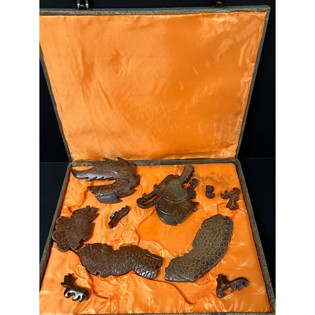 Late 20th Century Late 20th Century Chinese Art Carved Archaic Style Puzzled Jade Plaque Dragon Sculpture Display Silk Case For Sale - Image 5 of 7
