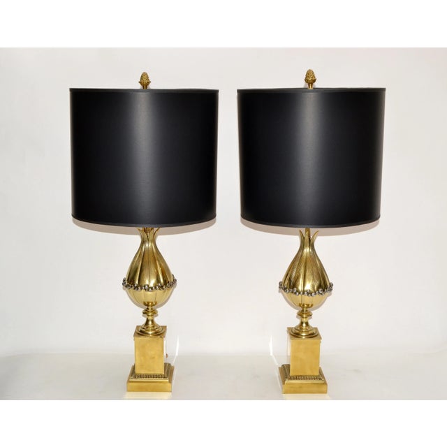 Superb Pair of Maison Charles French Art Deco Lotus Table Lamp in Bronze with Black and Gold Paper Shade. US rewired and...