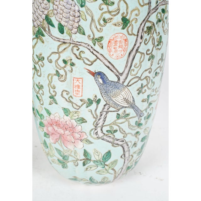 Striking Celadon Ground Chinese Porcelain Vases With Wisteria, Songbird & Seal Marks – 20th Century Chinoiserie Pair For Sale - Image 4 of 7