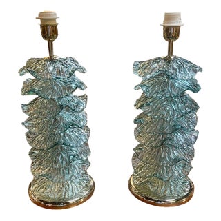 Pair of Murano Fontana Green Murano Glass Ruffle Lamps For Sale