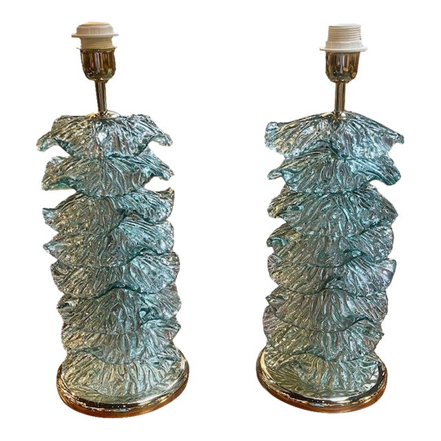 Pair of Murano Fontana Green Murano Glass Ruffle Lamps For Sale