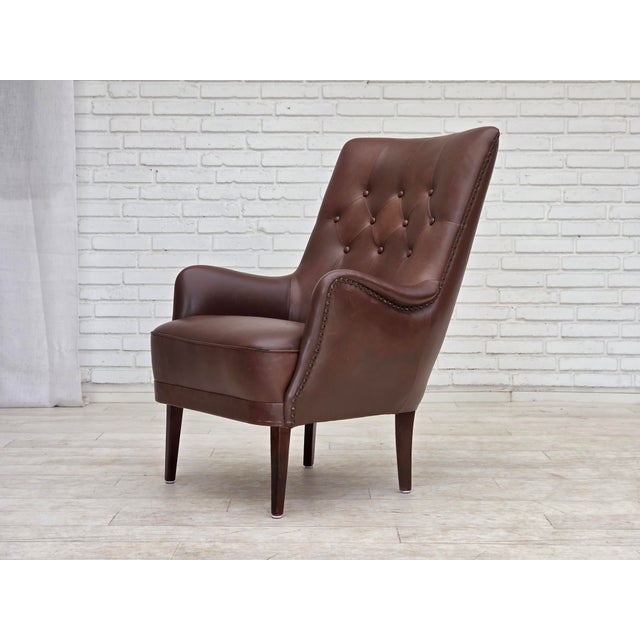 Wood Danish Armchair in Brown Furniture Leather, 1970s For Sale - Image 7 of 18