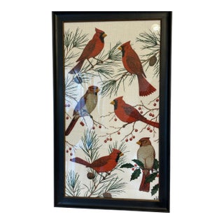 Vintage KayDee Designs Featuring Cardinals Framed in Hand Printed Linen Textiles For Sale