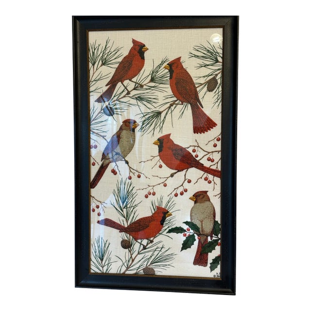 Vintage KayDee Designs Featuring Cardinals Framed in Hand Printed Linen Textiles For Sale