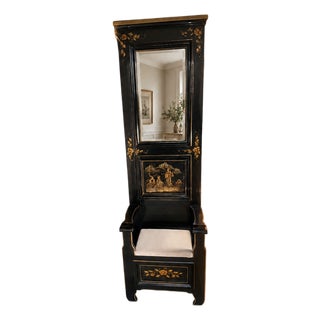 Vintage Black Lacquer Chinoiserie Hall Tree With Mirror and Mohair Upholstered Seat For Sale