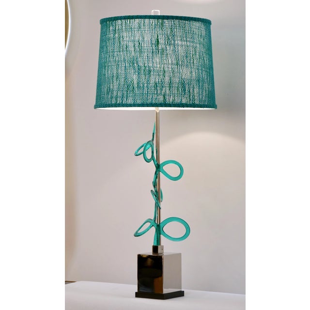 Italian Silver Color Nickel With Aqua Blue Murano Glass Swirls Lamps - a Pair - in Showroom For Sale - Image 10 of 11
