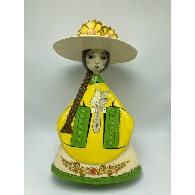 Yellow Vintage Sermel Signed Paper Mache Folk Art Mexican Woman For Sale - Image 8 of 8