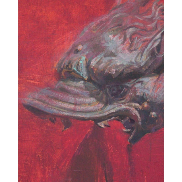Renaissance Totem Animal by Elena Burykina | Oil on panel Bronze totem animal head on a red background. For Sale - Image 3 of 5
