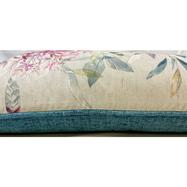 Large Decorative Bolster Pillow Adorned With a Water Color Look Patten of Vibrant Pink & Blue Flowers and Buzzing Bees - Made in the U K For Sale - Image 11 of 11