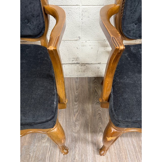 Black Vintage French Provincial Style Tufted Black Velvet Armchairs - Pair For Sale - Image 8 of 14