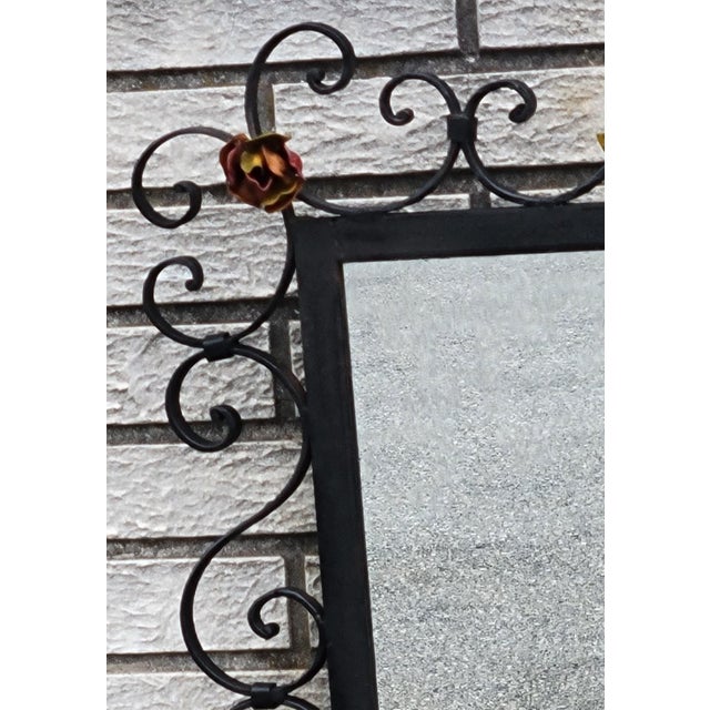 Vintage 1930s American Handmade Wrought Iron Wall Mirror Hand Painted Floral Dec For Sale - Image 14 of 18