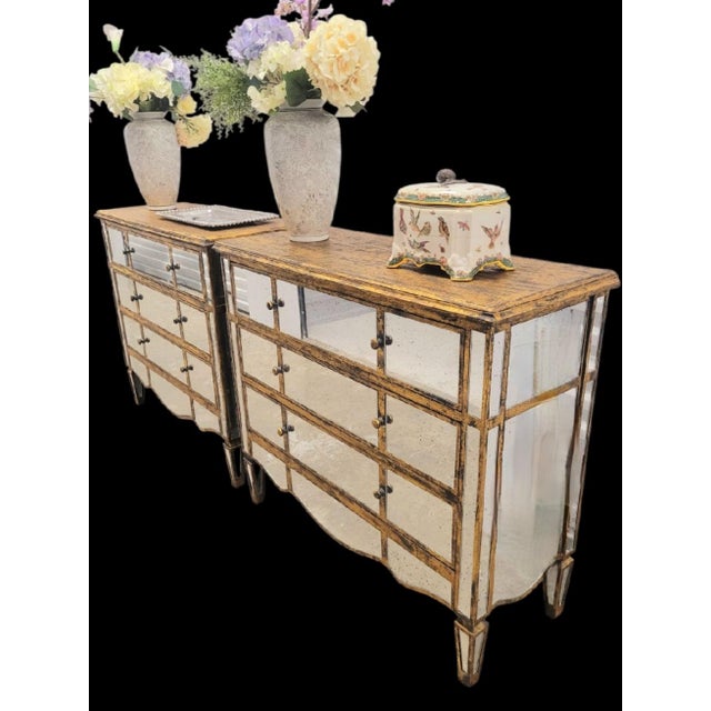 Gold Oversized Mirrored Scalloped Edge Gold Leaf French Style 3 Drawer Chests Commodes- A Pair For Sale - Image 8 of 17