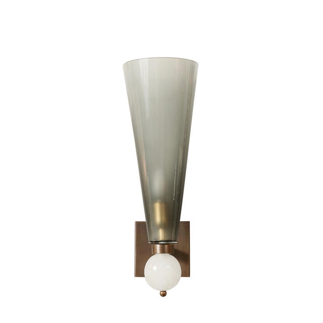 Modern Modernist Hand-Blown Smoked Gray Murano Glass Conical Sconces With Orbital Drop For Sale - Image 3 of 15