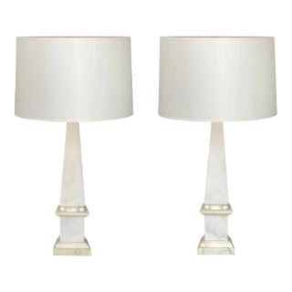 1980s Vintage Neoclassical Alabaster Marble Table Lamps - a Pair For Sale