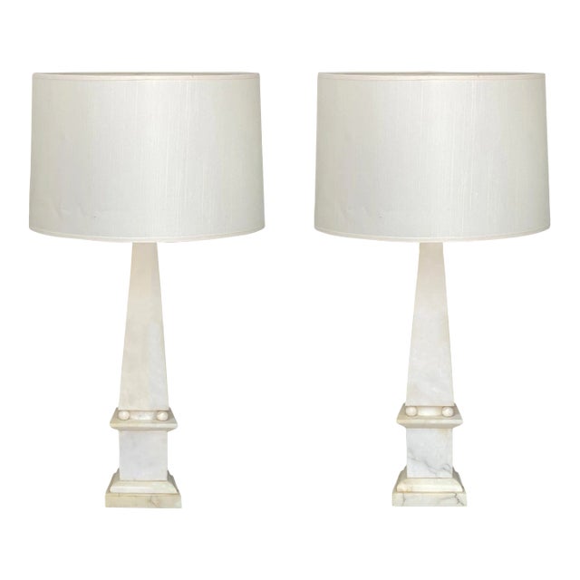 1980s Vintage Neoclassical Alabaster Marble Table Lamps - a Pair For Sale