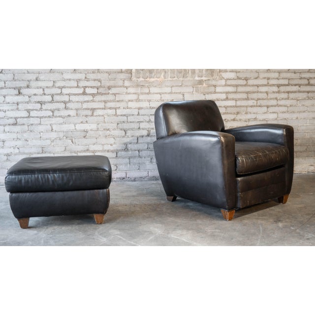 Mitchell Gold Restoration Hardware Art Deco Black Leather Club Chair & Ottoman For Sale - Image 4 of 14