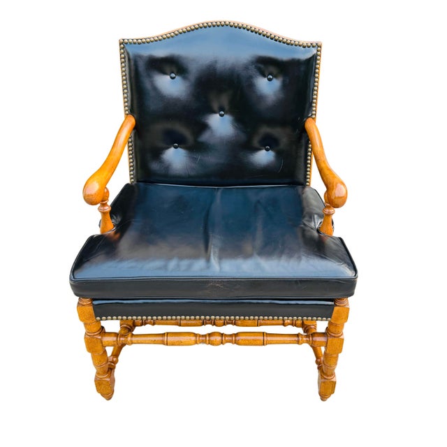 French Provincial Vintage Barnard & Simonds Black Leather Armchair | 1960s American Traditional | Button-Tufted Leather & Bobbin-Turned Wood For Sale - Image 3 of 18
