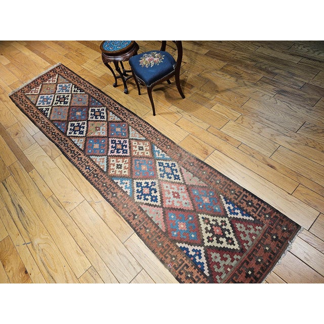 Antique Varamin Kilim Runner, Handwoven Wool, Caucasian Geometric Pattern, 3x12 For Sale - Image 17 of 17