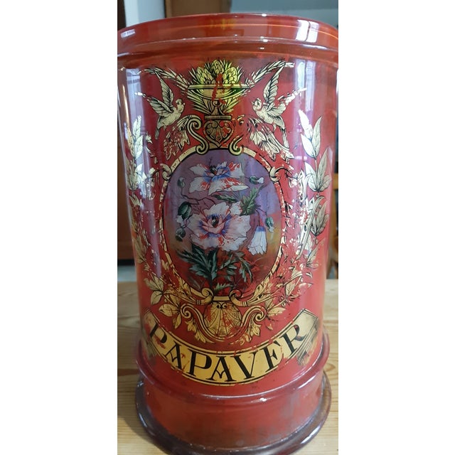Red and Gold Screen-Printed Glass Pharmacy Jar, 1920 For Sale - Image 4 of 18