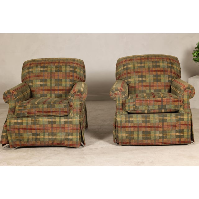 Wood Pair of Kravet Plaid Upholstered Club Chairs with Skirted Base for Cozy Seating For Sale - Image 7 of 12