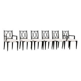 Tommi Parzinger Attr. Double X-Back Dining Chairs, Mid-Century, White Linen, Circa 1950 For Sale