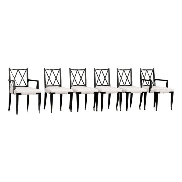 Tommi Parzinger Attr. Double X-Back Dining Chairs, Mid-Century, White Linen, Circa 1950 For Sale