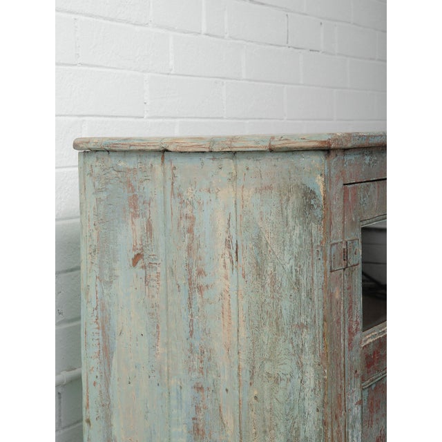 Mid 20th Century Distressed Teal & Red Painted Sideboard Glass-Front Storage Cabinet For Sale - Image 5 of 6