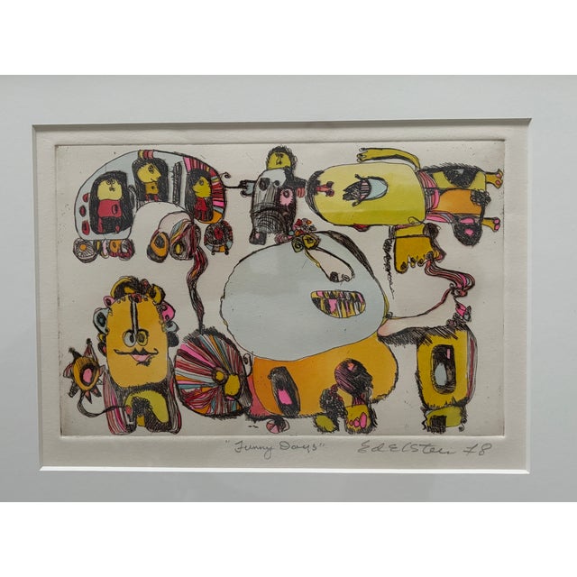 Gold 1970s Whimsical Modern Artwork “Funny Days” by Edelstein Signed 1978 – Framed Figurative Illustration For Sale - Image 8 of 9