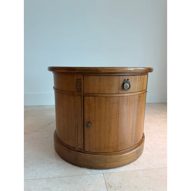 Neoclassical Vintage Neoclassical Round Wood Drum Side Table With Drawer & Cabinet For Sale - Image 3 of 6