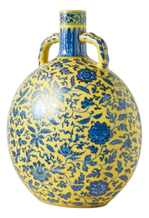 Yellow-Ground Blue and White Moon Flask with Lotus Design