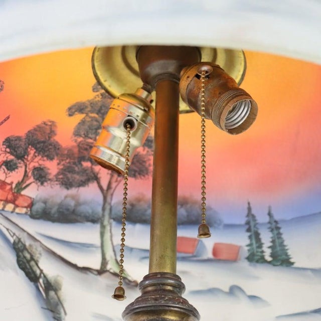 Glass Arts & Crafts Reverse Painted Winter Landscape Lamp, Manner of Jefferson, C1920 For Sale - Image 7 of 11