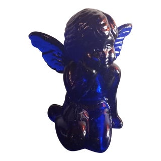 1980s Cobalt Blue Handmade in Poland Sitting Cherub Angel Candle Holder For Sale
