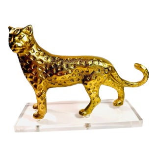 Brass Cheetah Statue on Lucite Stand For Sale